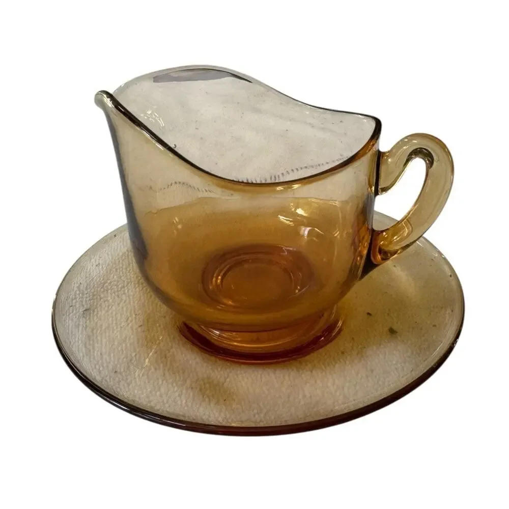 Vintage Cambridge Amber Glass Creamer & Saucer Set Elegant‎ Triangle C Mark